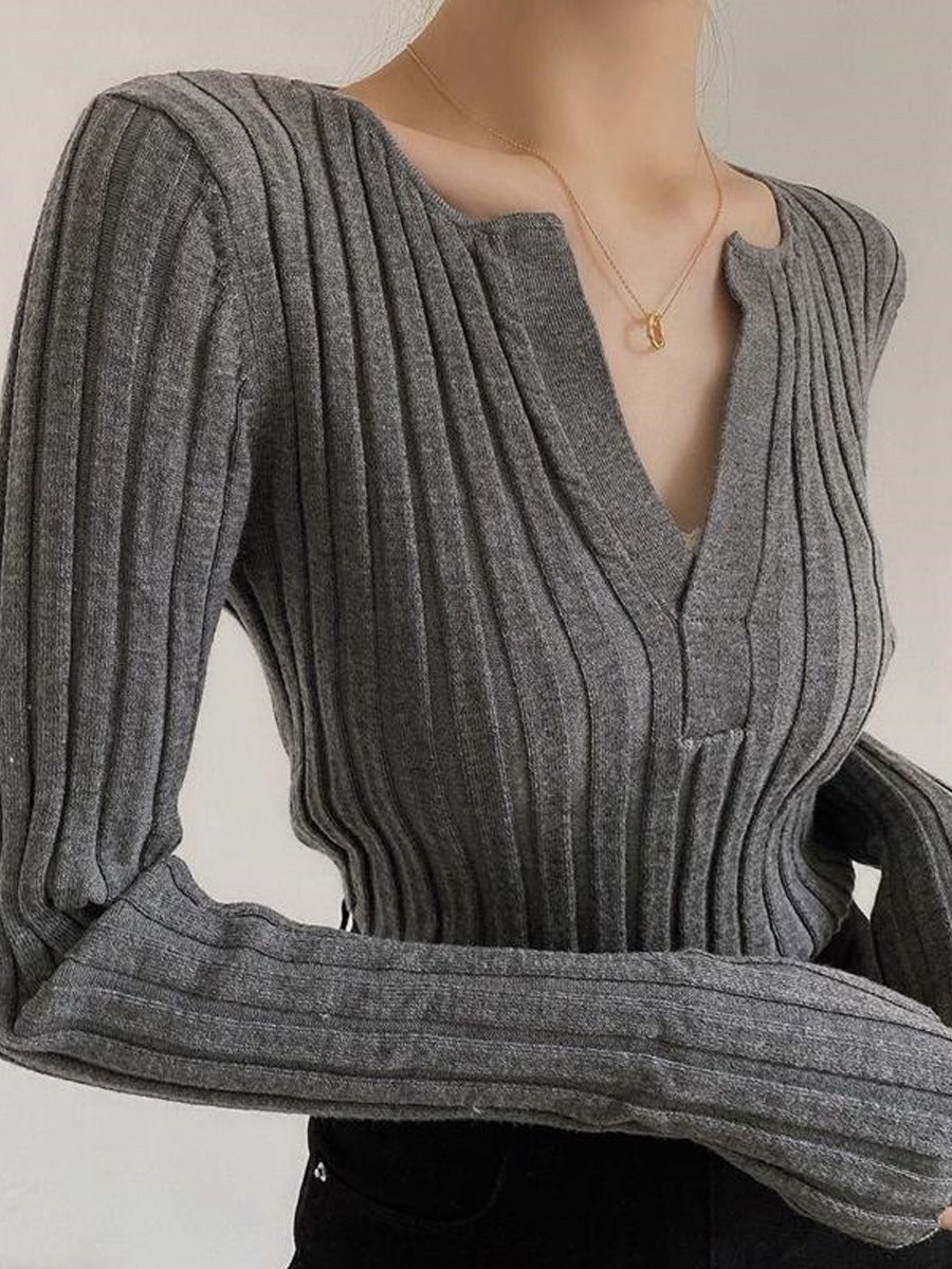 Soft Spoken Solid Textured V-Neck Knit Top