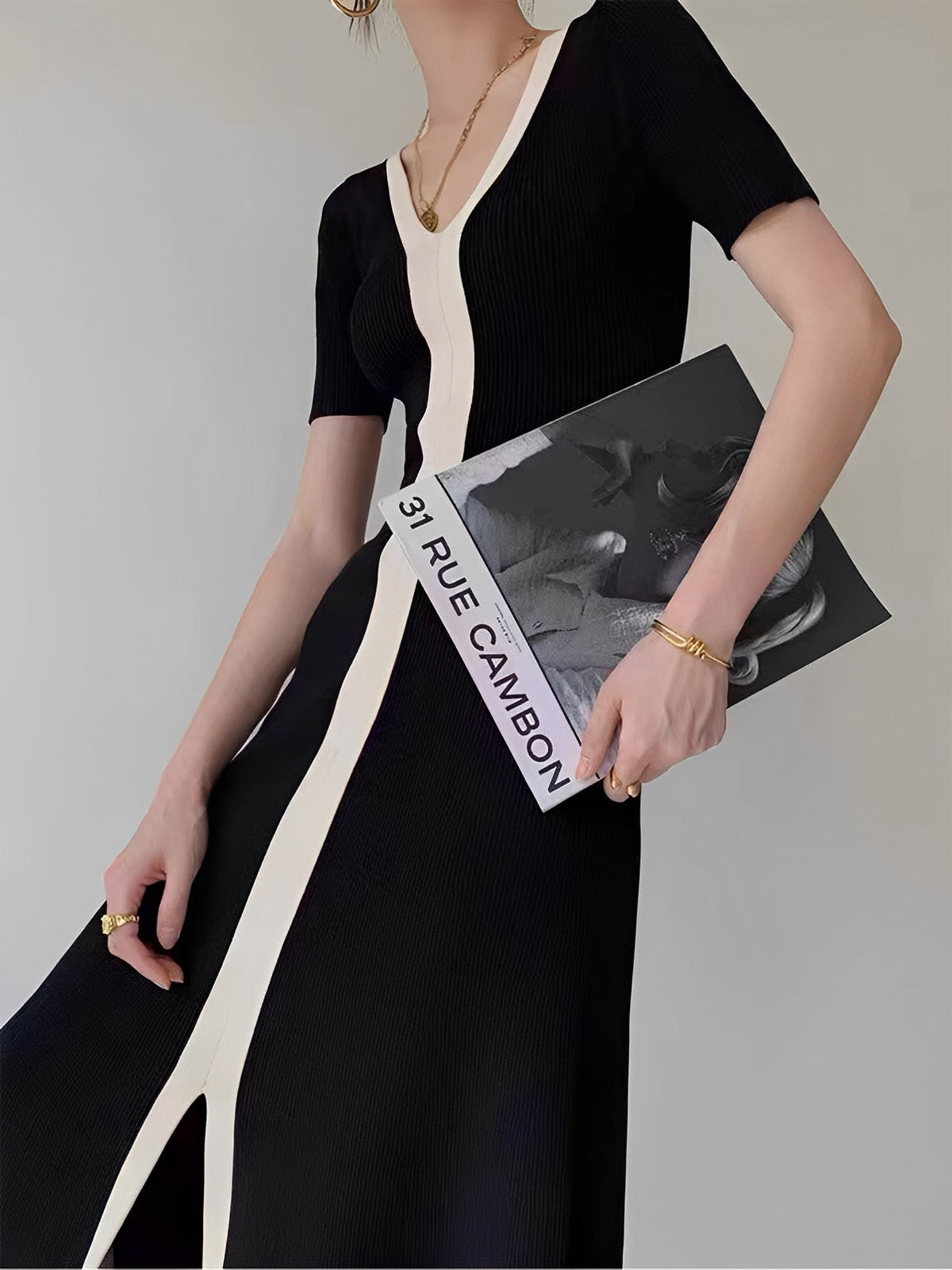 Dual Tone Knit Slit Midi Dress