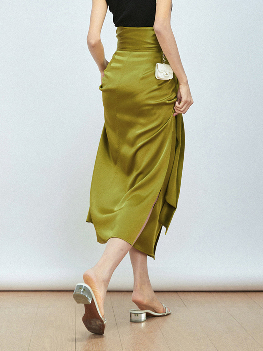 Liquid Gold Satin Tie-Front Flowy Slit Midi Skirt