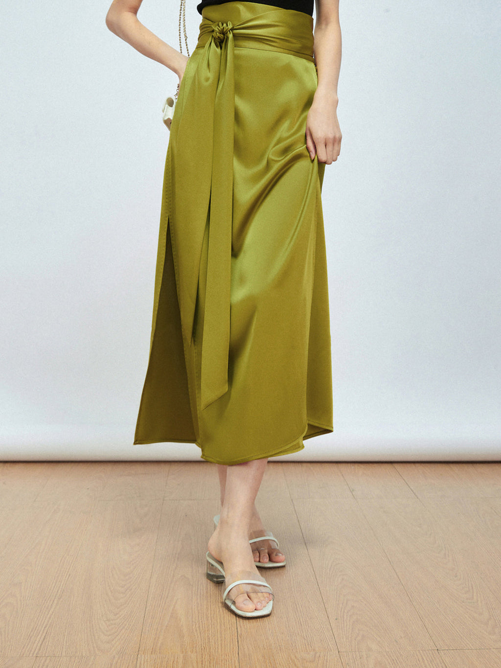 Liquid Gold Satin Tie-Front Flowy Slit Midi Skirt