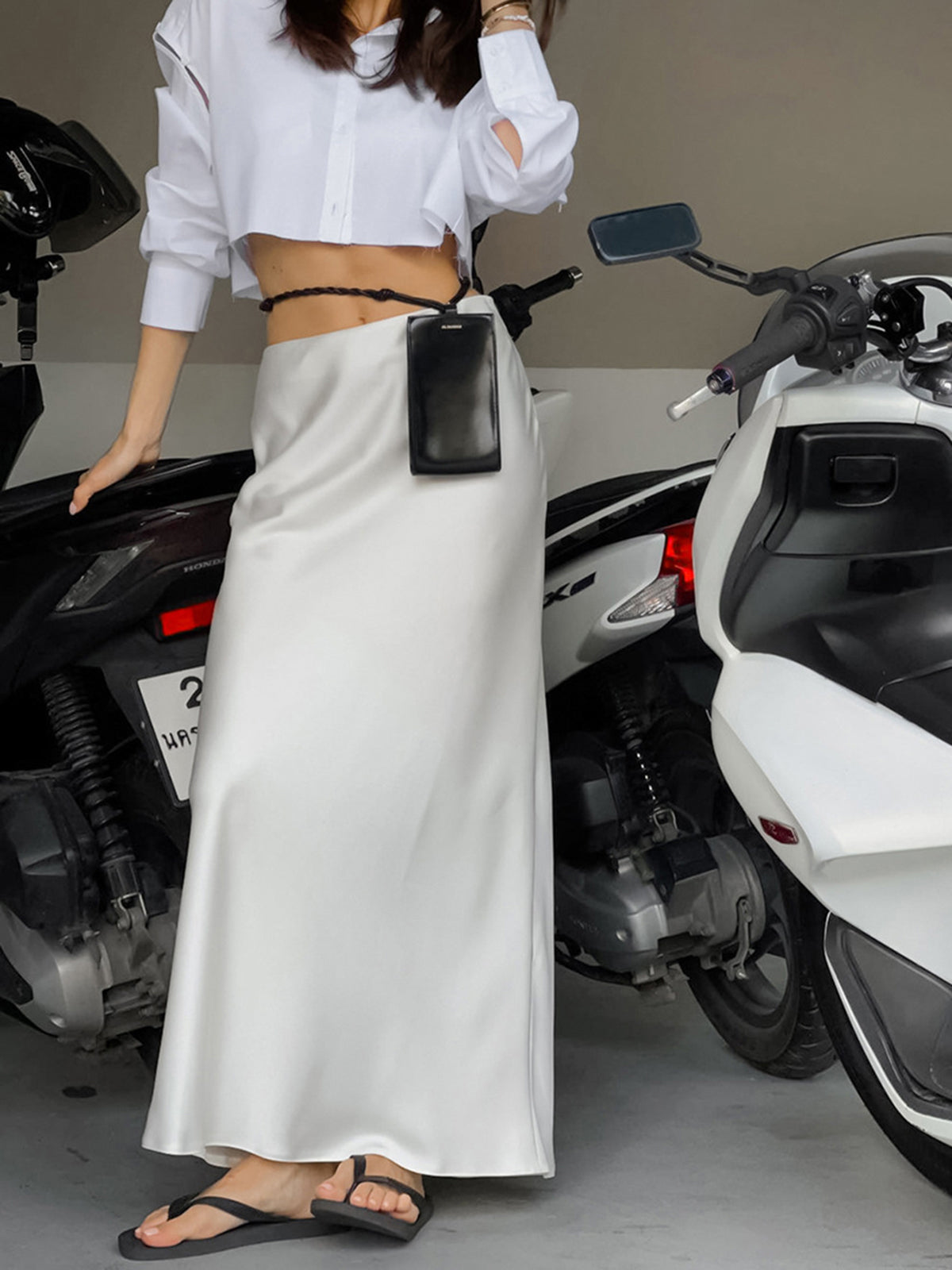 Ivory Glow Satin Flowy Maxi Skirt