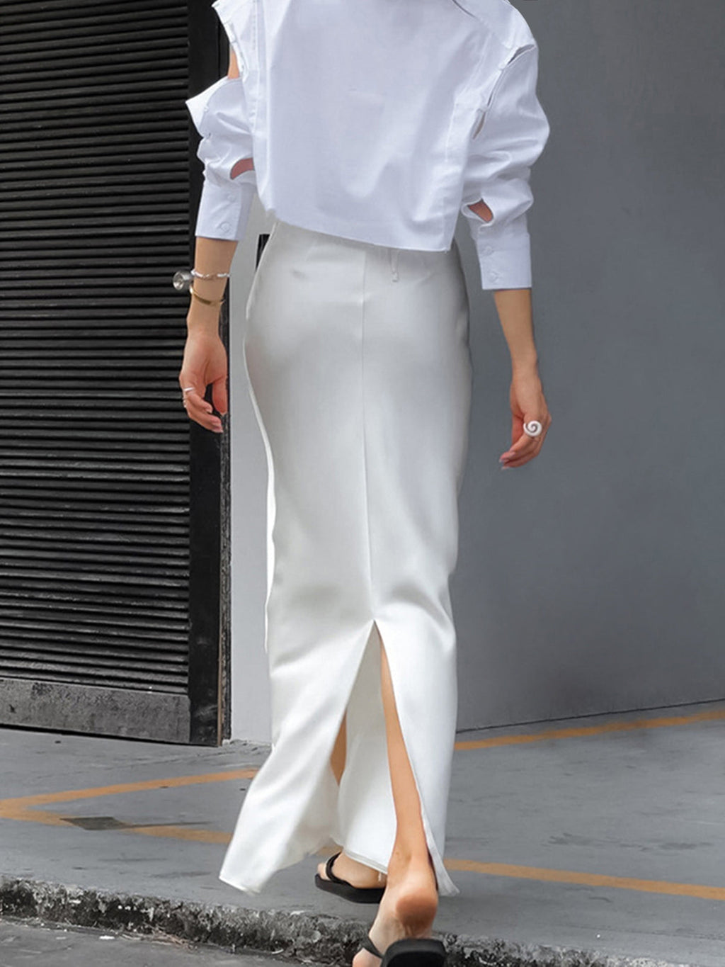Ivory Glow Satin Flowy Maxi Skirt