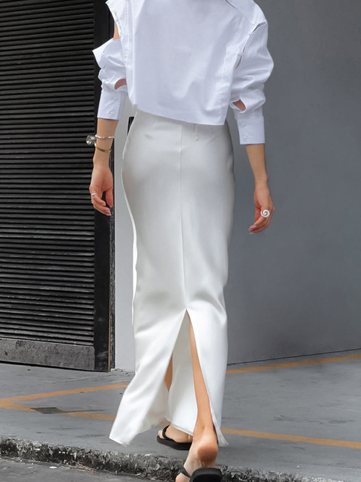 Ivory Glow Satin Flowy Maxi Skirt