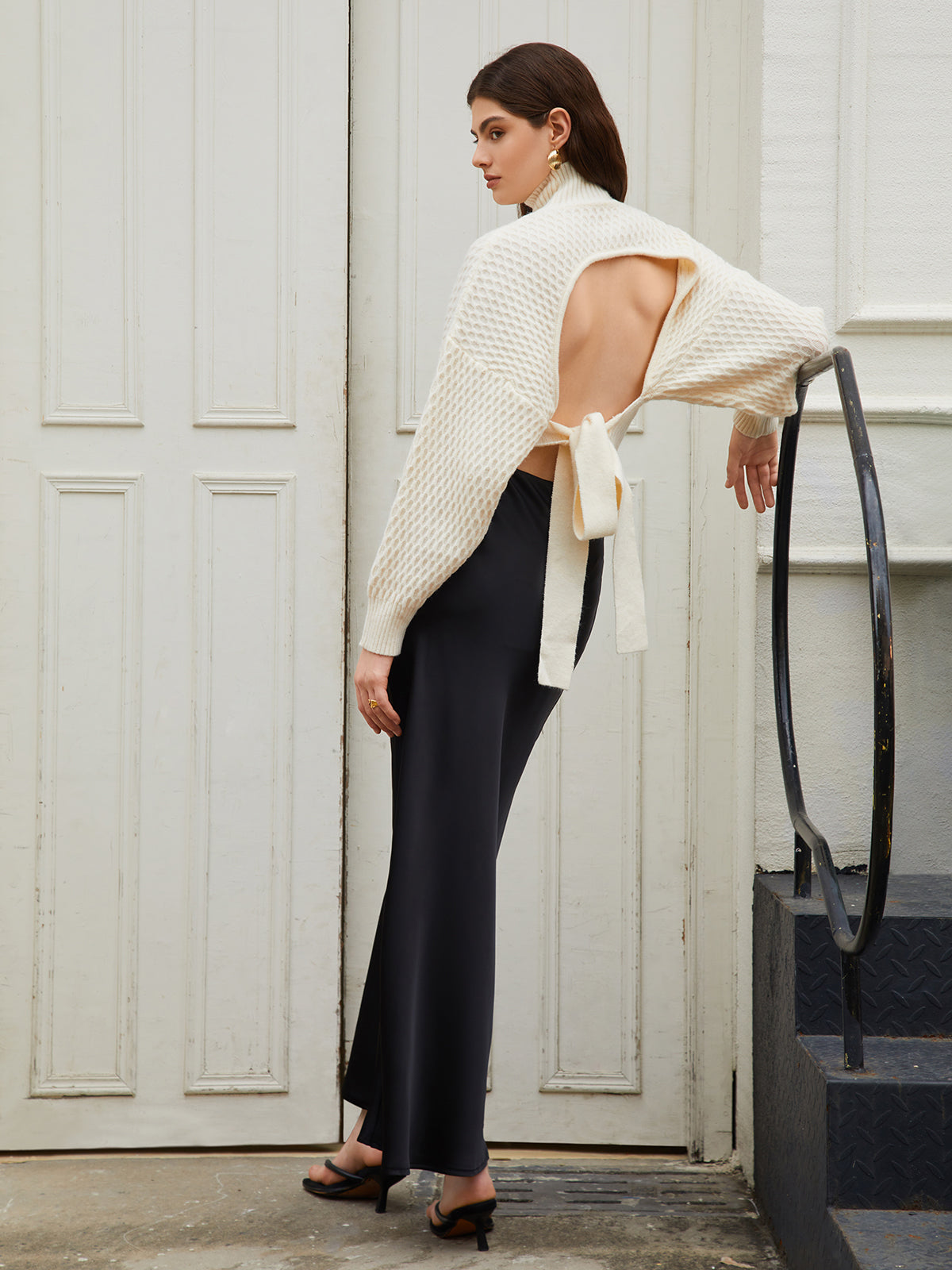 Knotted Up Tie Back Mock Neck Sweater