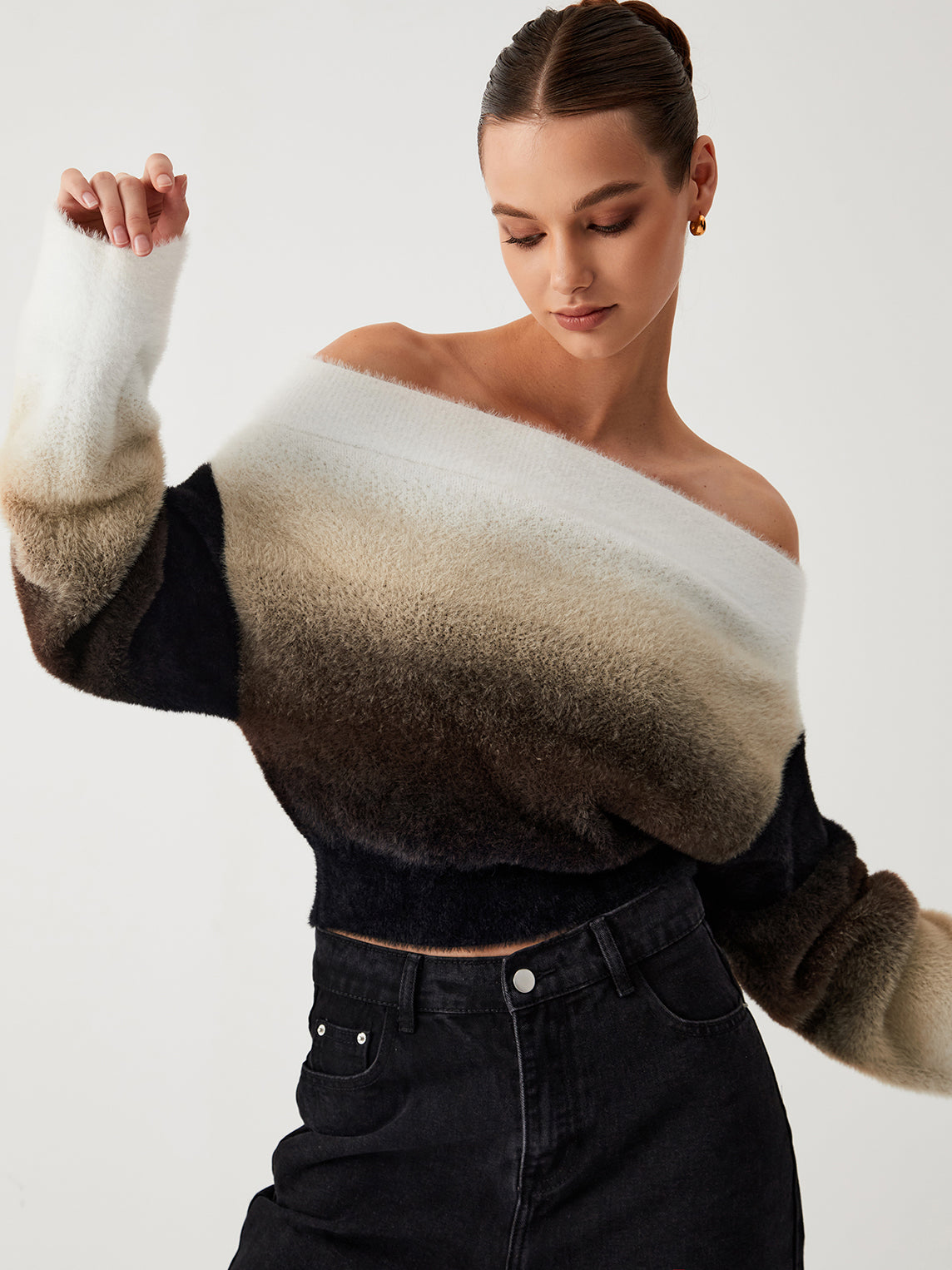 It Girl Fuzzy Off-Shoulder Crop Sweater