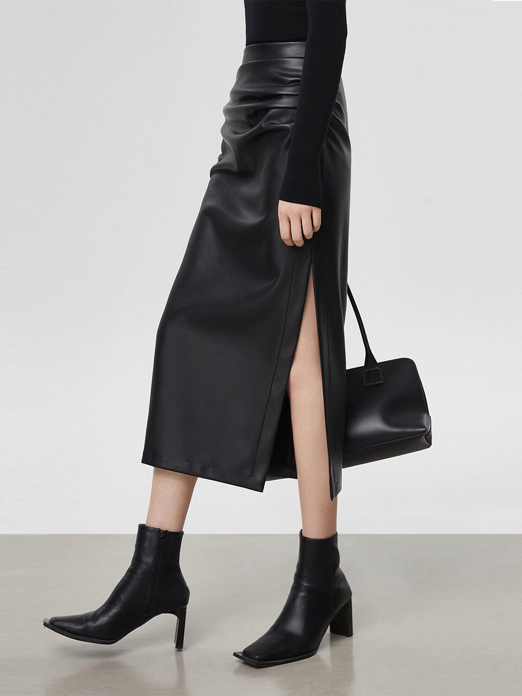 Venus Faux Leather Slit Midi Skirt