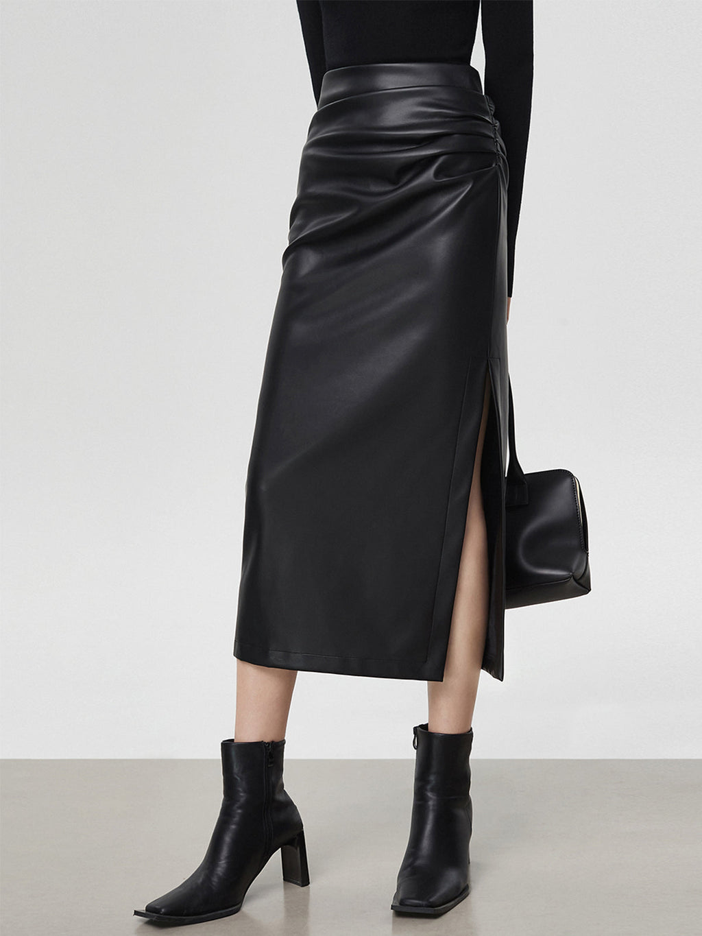 Venus Faux Leather Slit Midi Skirt