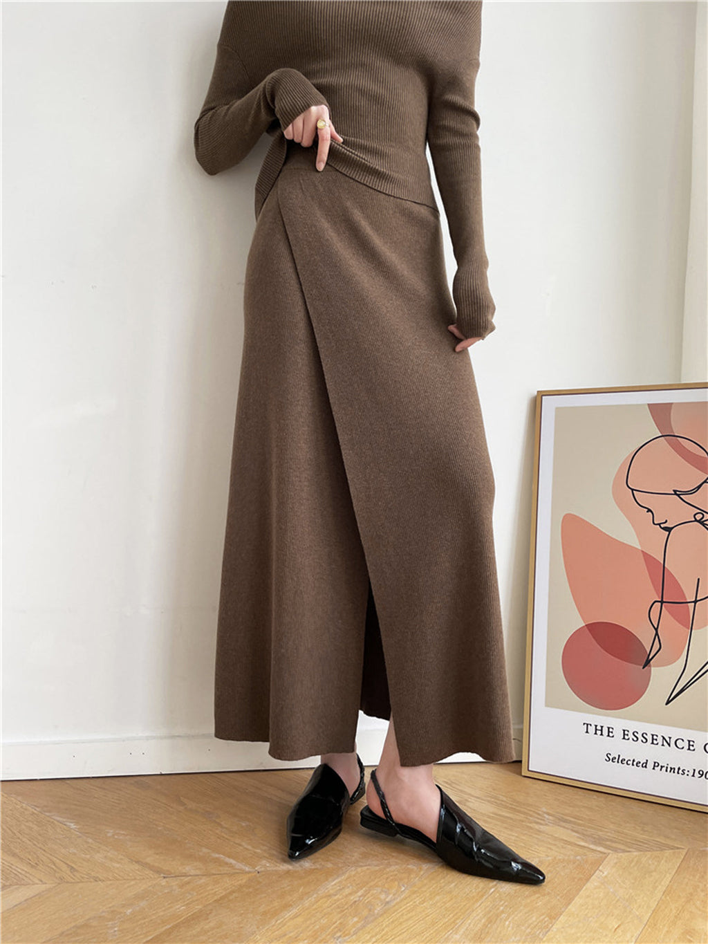 Caramel Drip Slit Maxi Knit Skirt