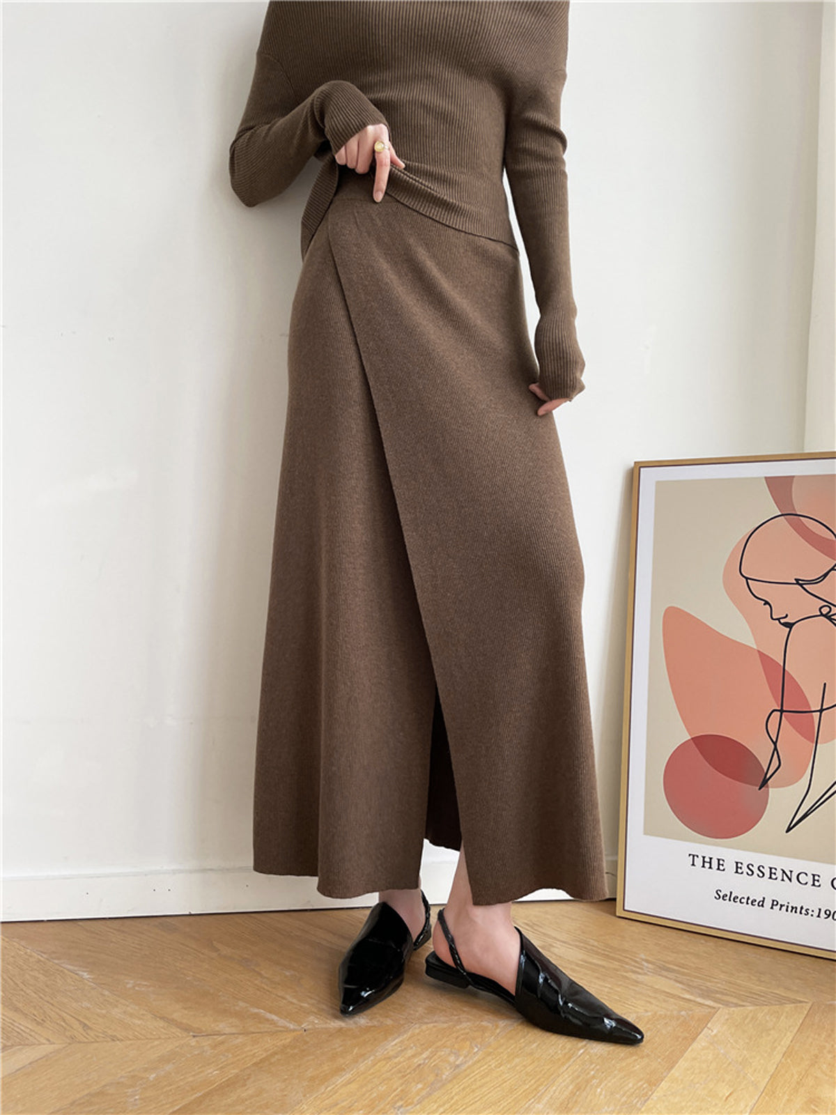 Caramel Drip Slit Maxi Knit Skirt