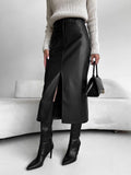 Night Shift Faux Leather Slit Midi Skirt