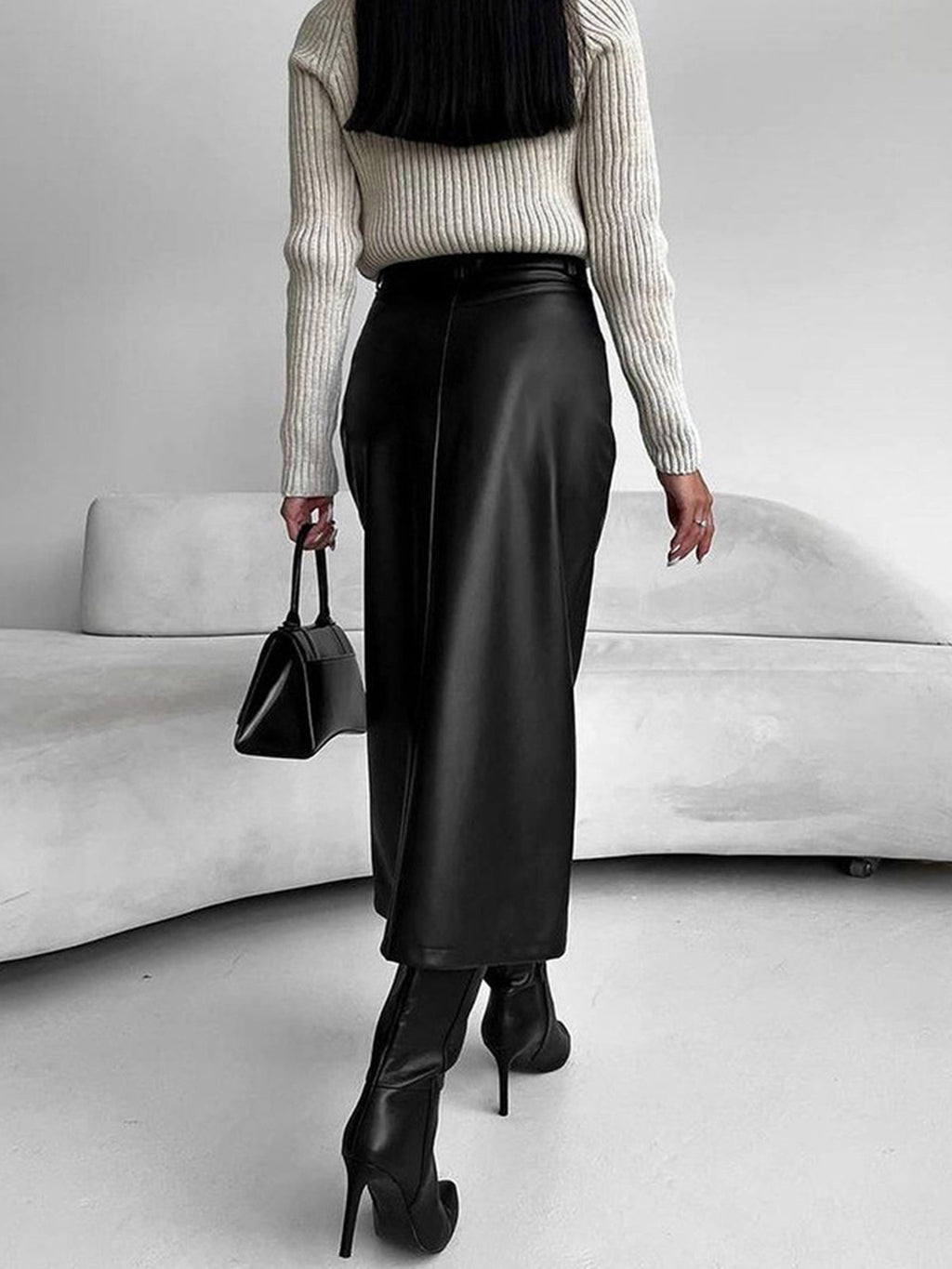Night Shift Faux Leather Slit Midi Skirt