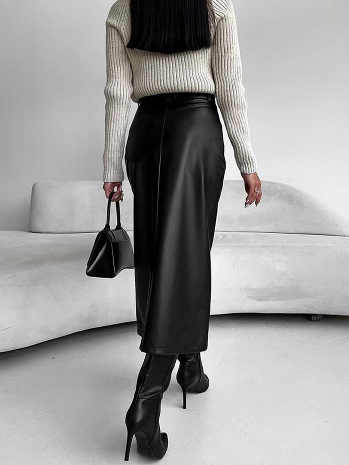 Night Shift Faux Leather Slit Midi Skirt