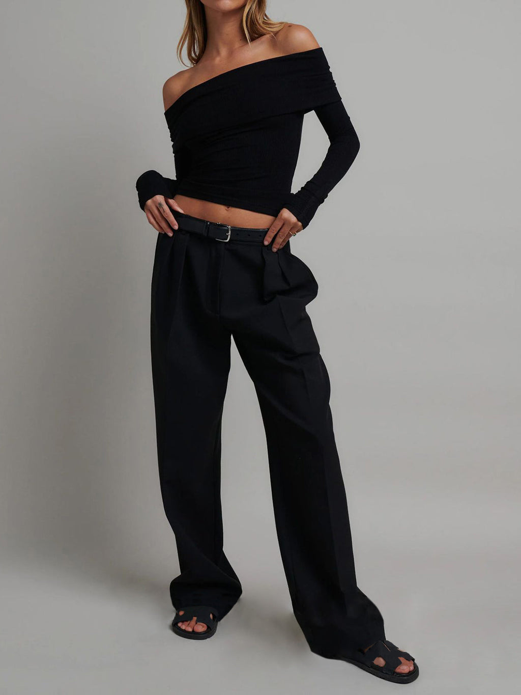 Folded Edge Off-Shoulder Long Sleeve Crop Shirt