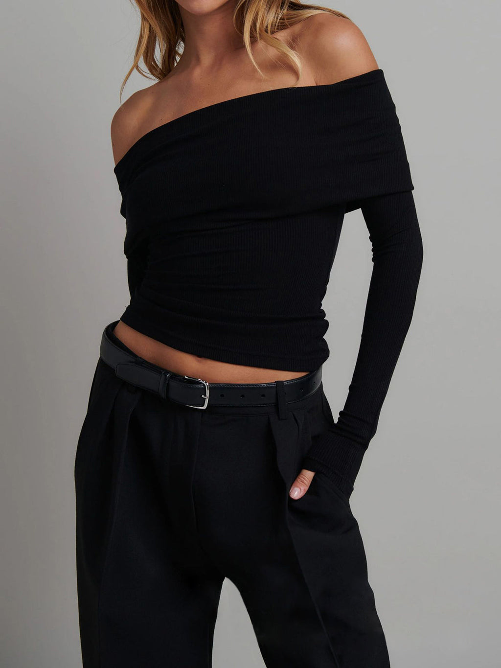 Folded Edge Off-Shoulder Long Sleeve Crop Shirt