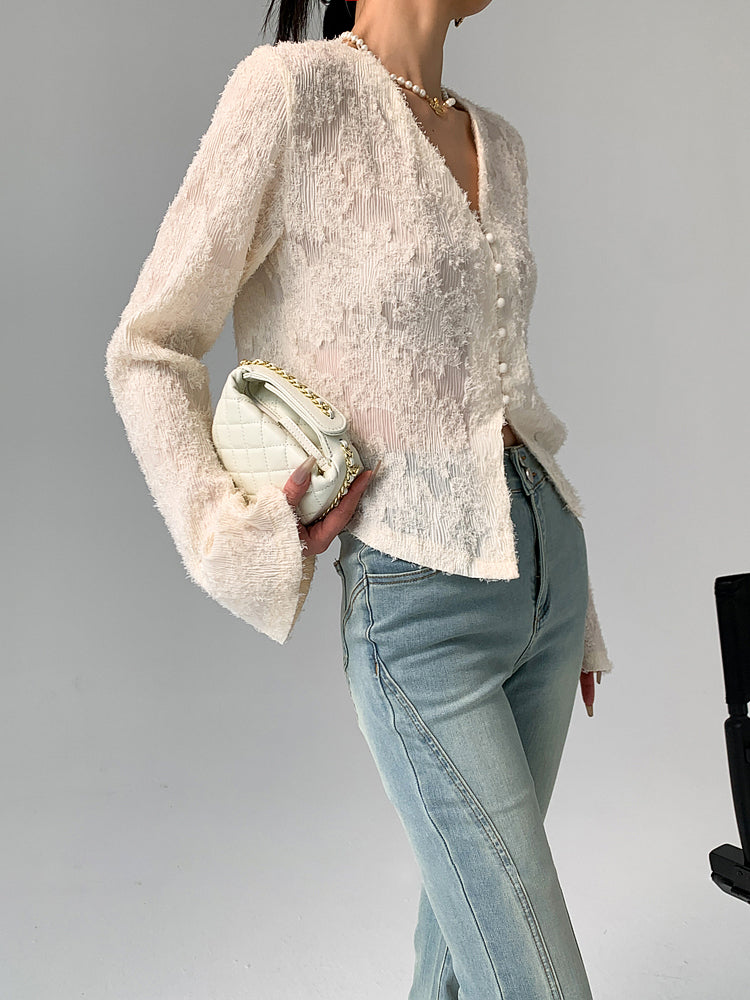 Feminine Flair V-Neck Ruffle Long Sleeve Blouse