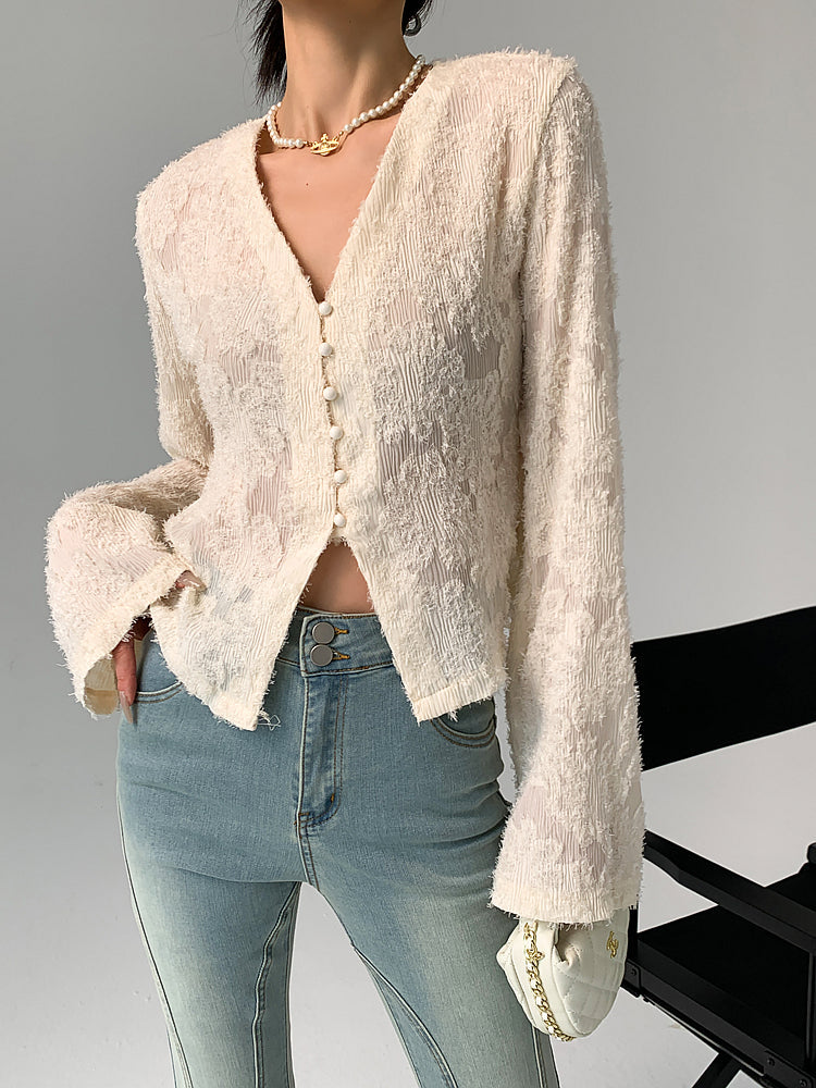 Feminine Flair V-Neck Ruffle Long Sleeve Blouse
