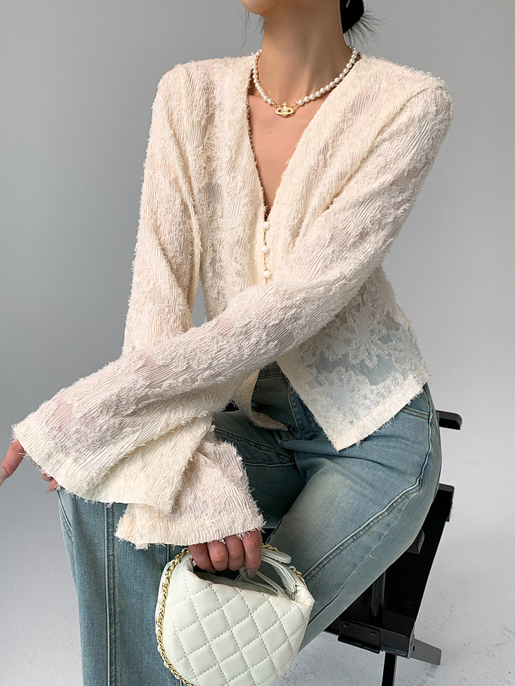 Feminine Flair V-Neck Ruffle Long Sleeve Blouse