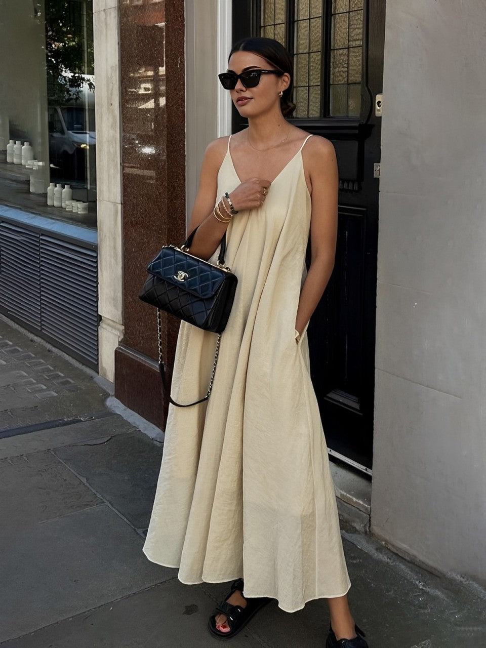 Luxe Double Layer V-Neck Long Dress