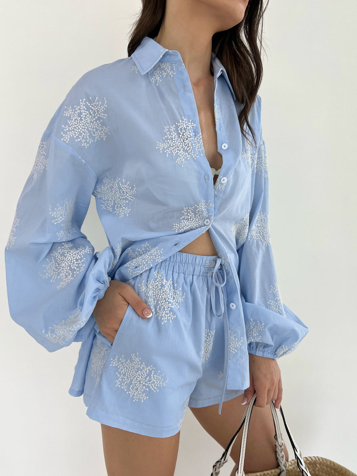 Botanical Style Embroidery Shorts Set