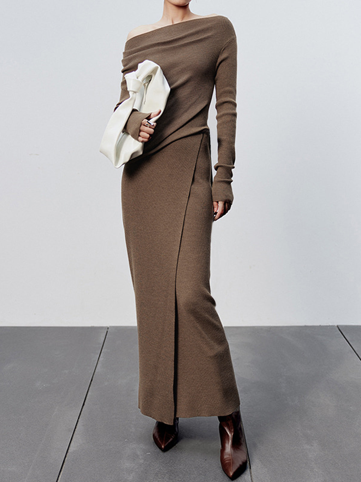 Caramel Drip Slit Maxi Knit Skirt