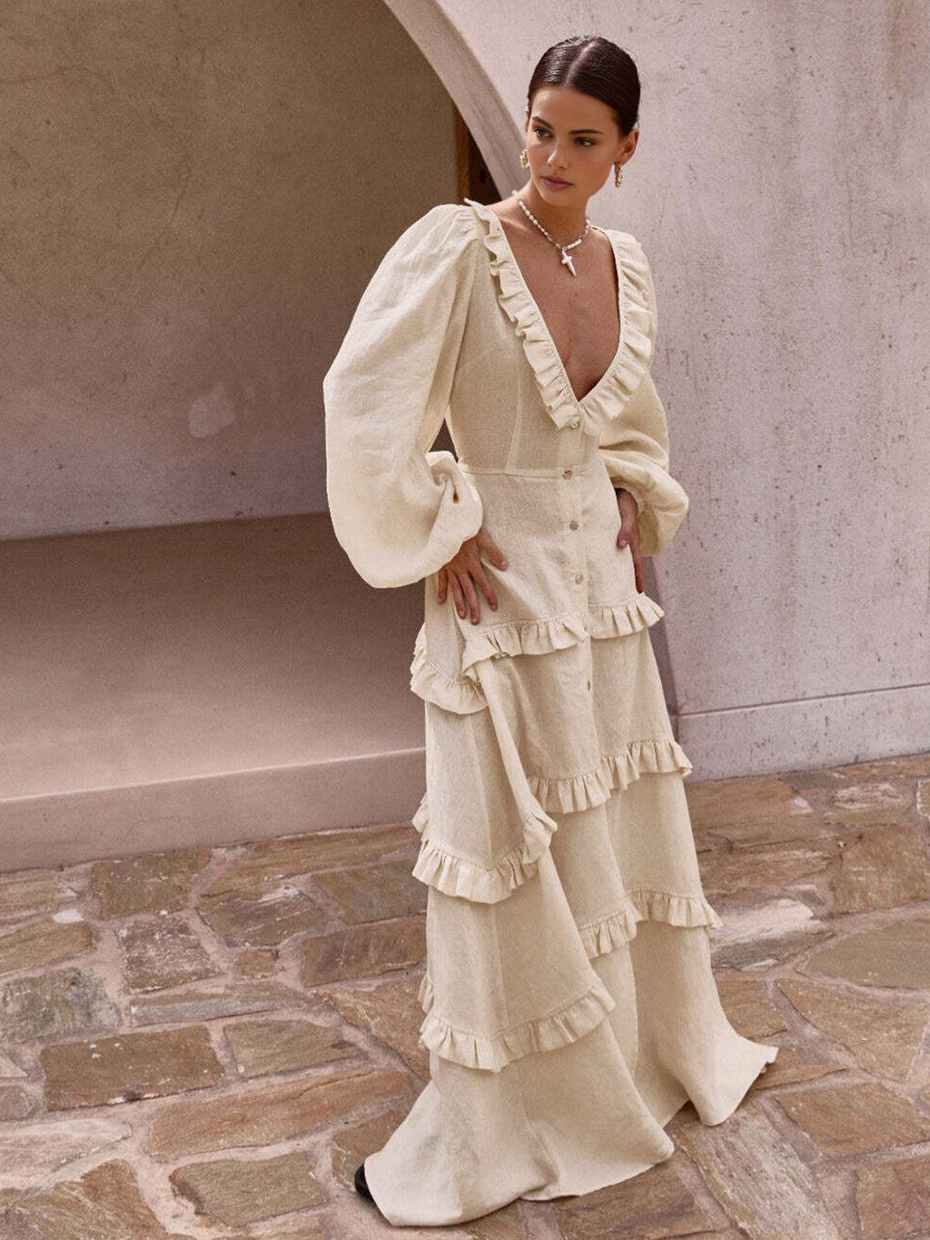 Ruby Ruffle Semi-Sheer Long Dress
