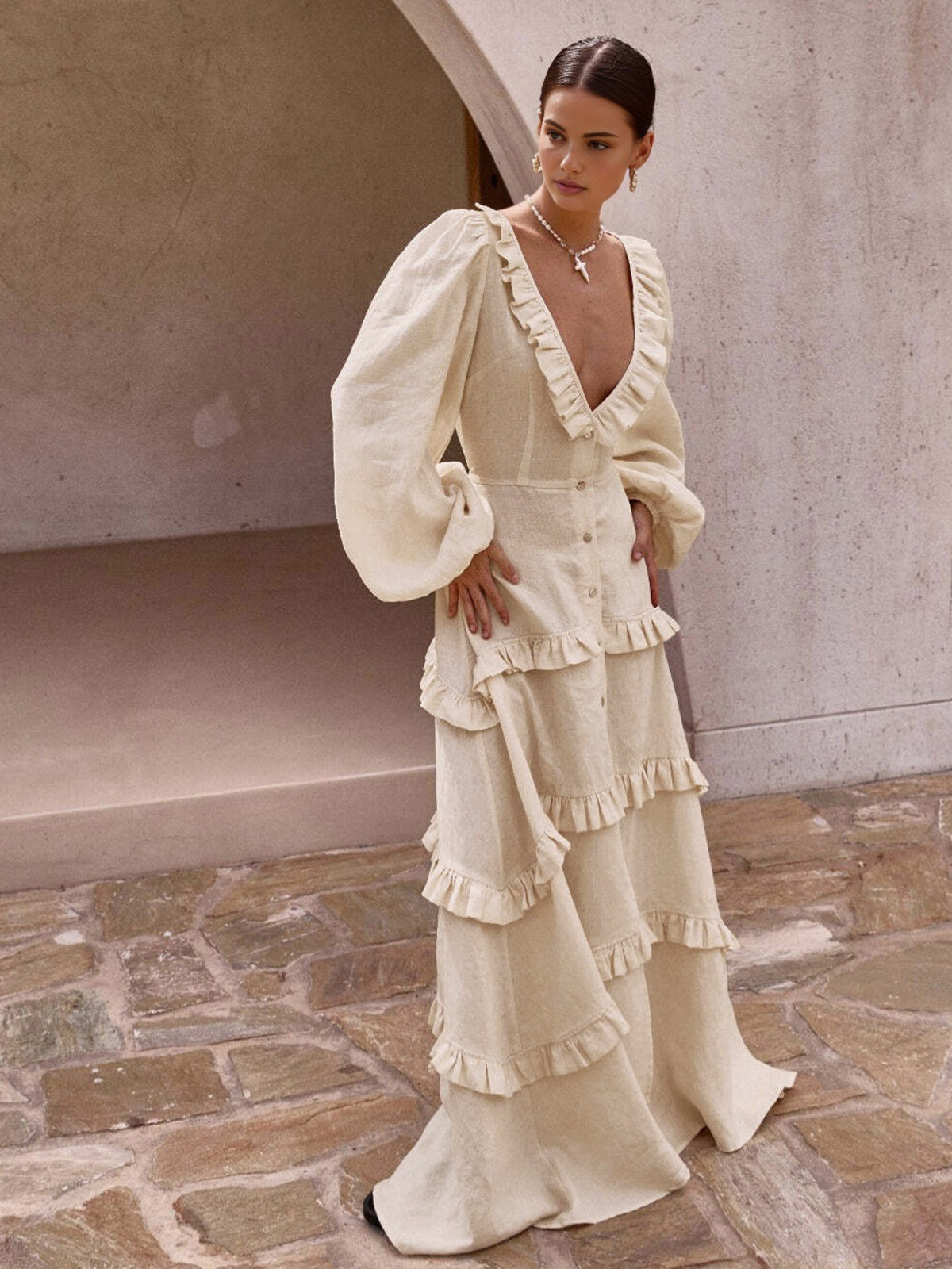 Ruby Ruffle Semi-Sheer Long Dress