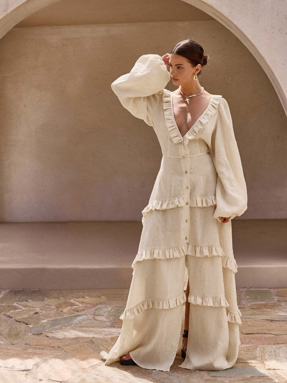 Ruby Ruffle Semi-Sheer Long Dress
