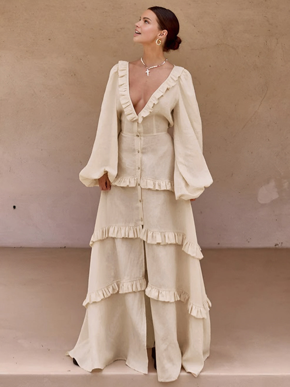 Ruby Ruffle Semi-Sheer Long Dress