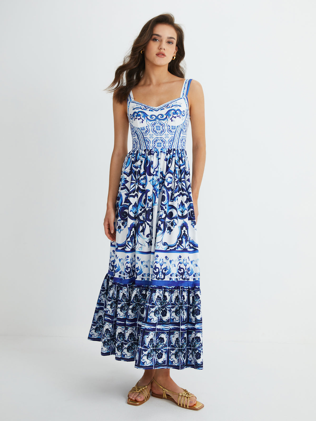 Flowy Print Strap Pleated Long Dress