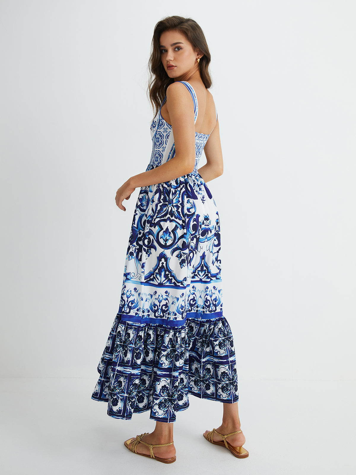 Flowy Print Strap Pleated Long Dress