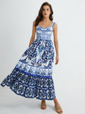 Flowy Print Strap Pleated Long Dress