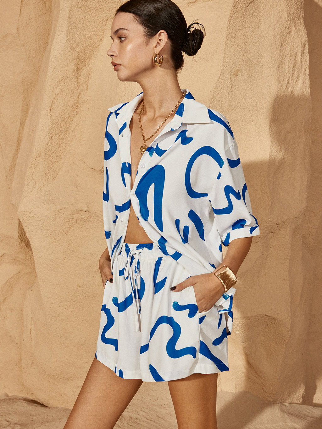 Tia Chic Print Drawstring Shift Shorts Set