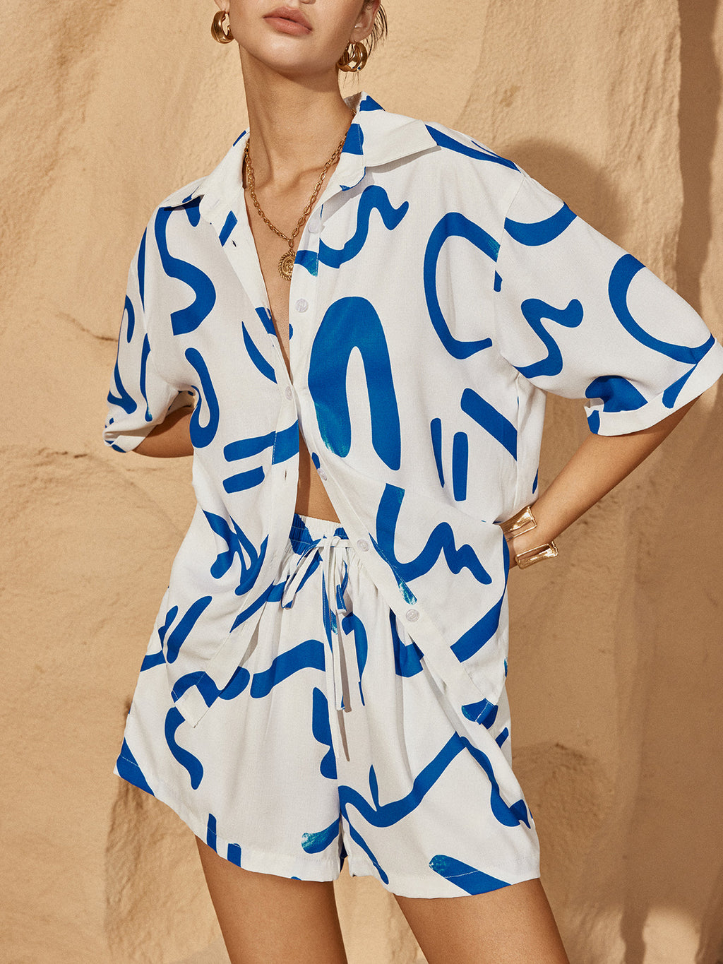 Tia Chic Print Drawstring Shift Shorts Set