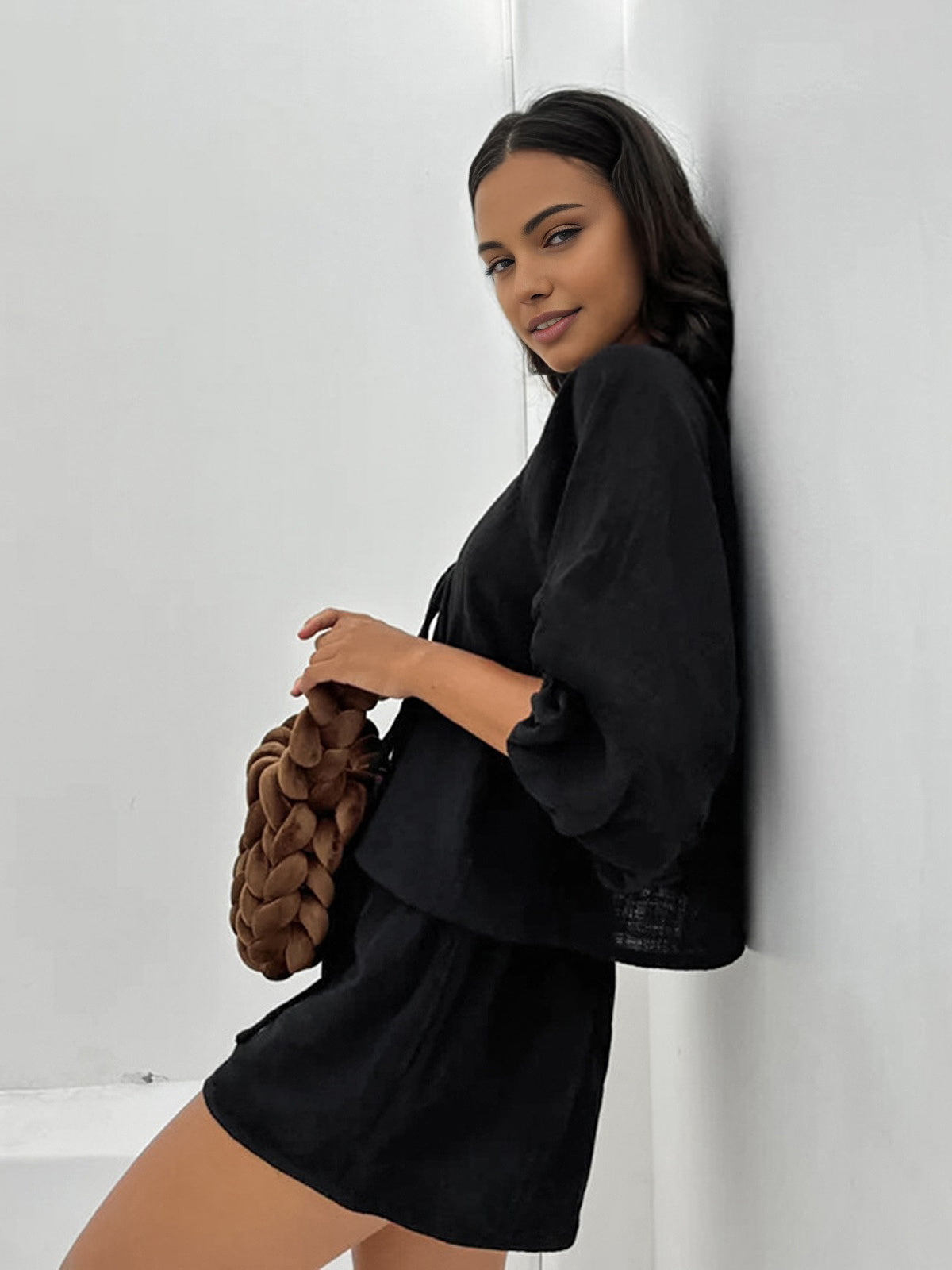Trendy Tie Up Cotton Long Sleeve Shorts Set