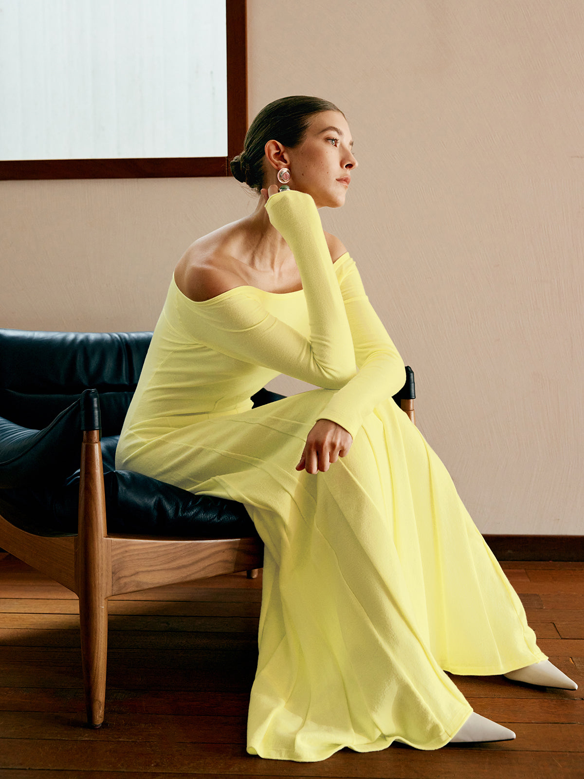 Soft Landing Off-Shoulder Pleated Sweater Dress