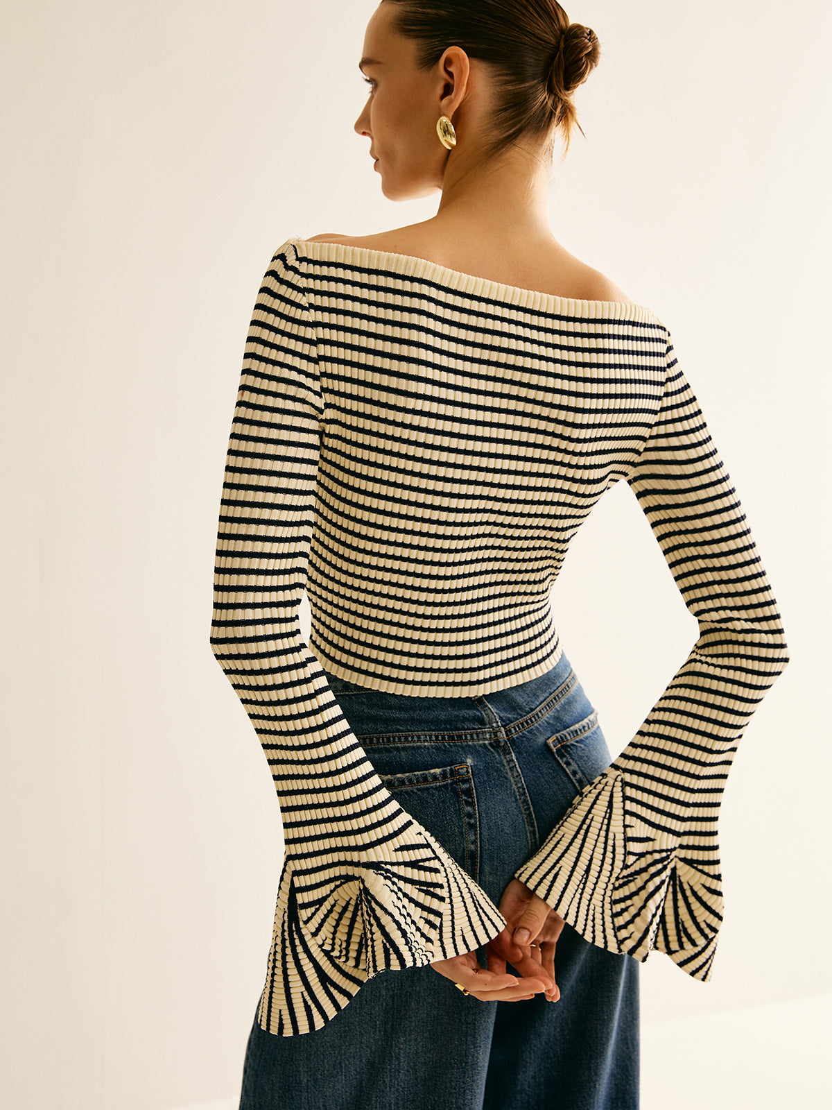 Magic City Striped Ruffle-Sleeve Knit Top
