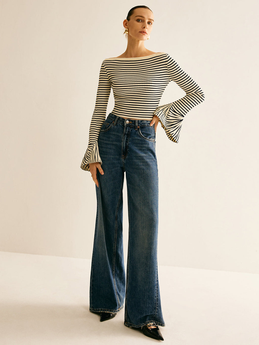 Magic City Striped Ruffle-Sleeve Knit Top