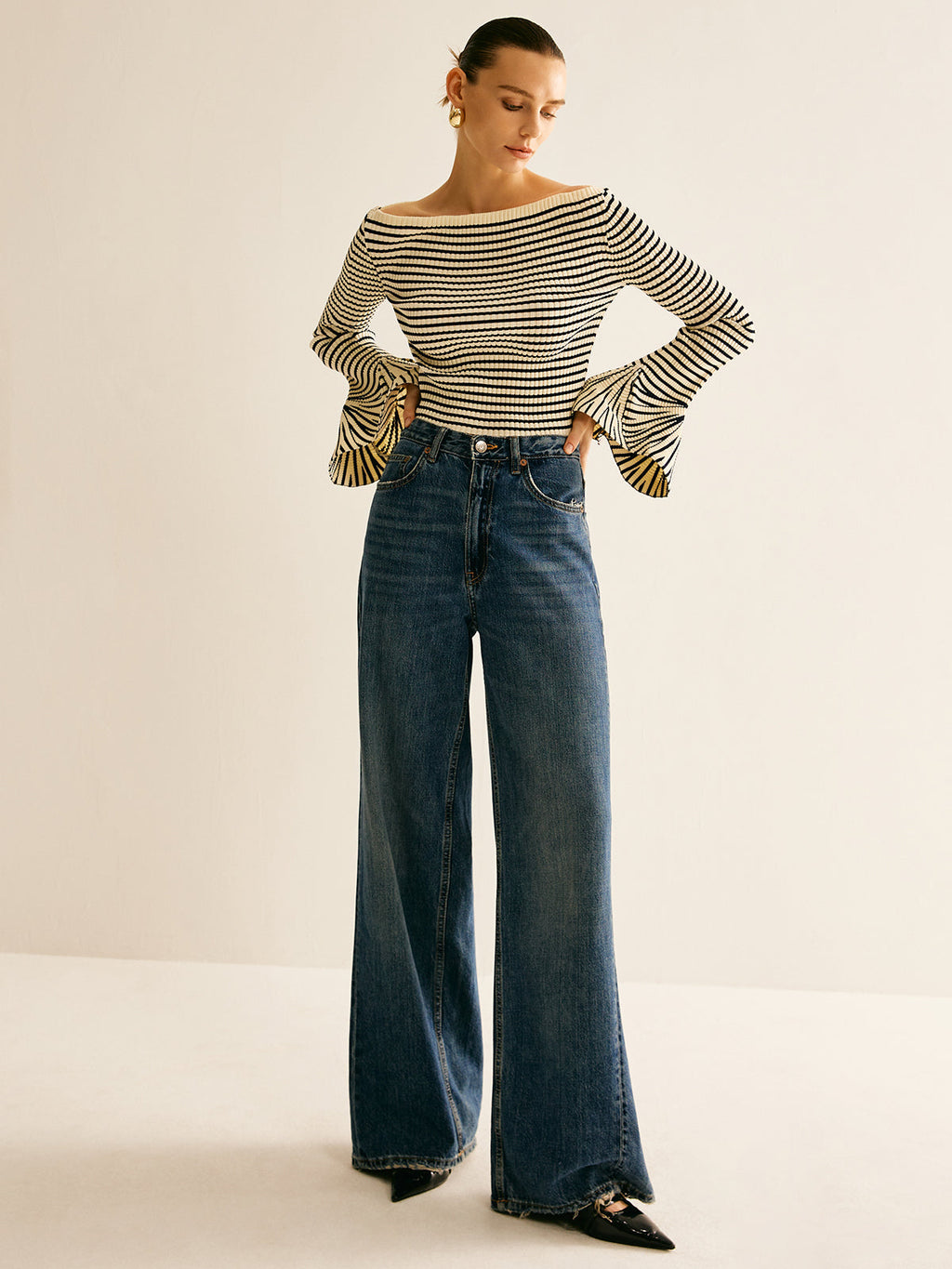 Magic City Striped Ruffle-Sleeve Knit Top