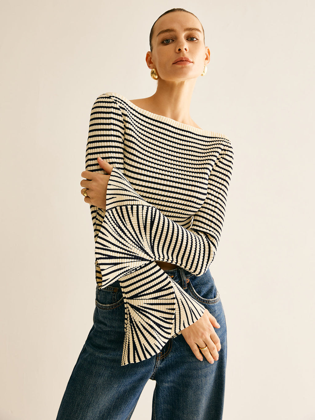 Magic City Striped Ruffle-Sleeve Knit Top