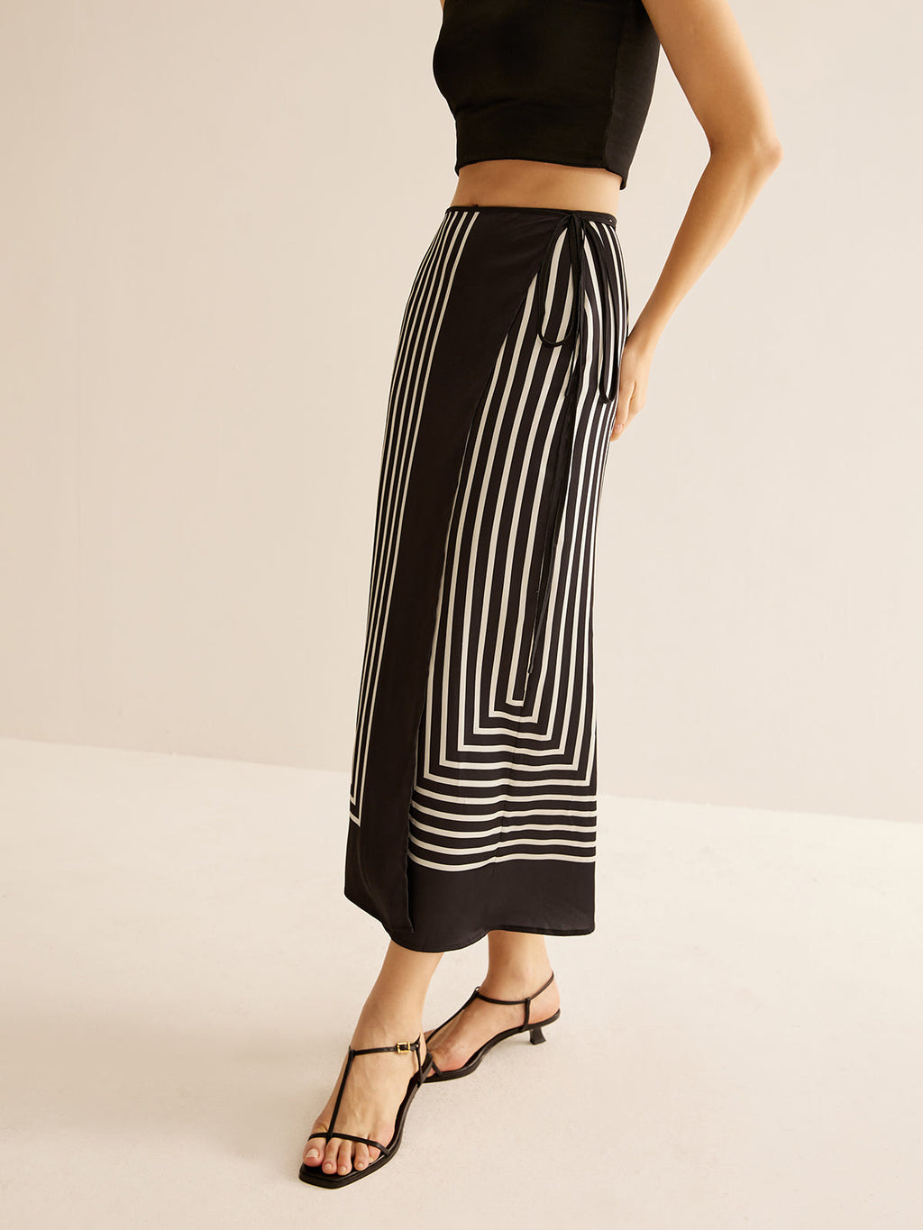 Pinstripe Satin Geometric Wrap Tie Skirt
