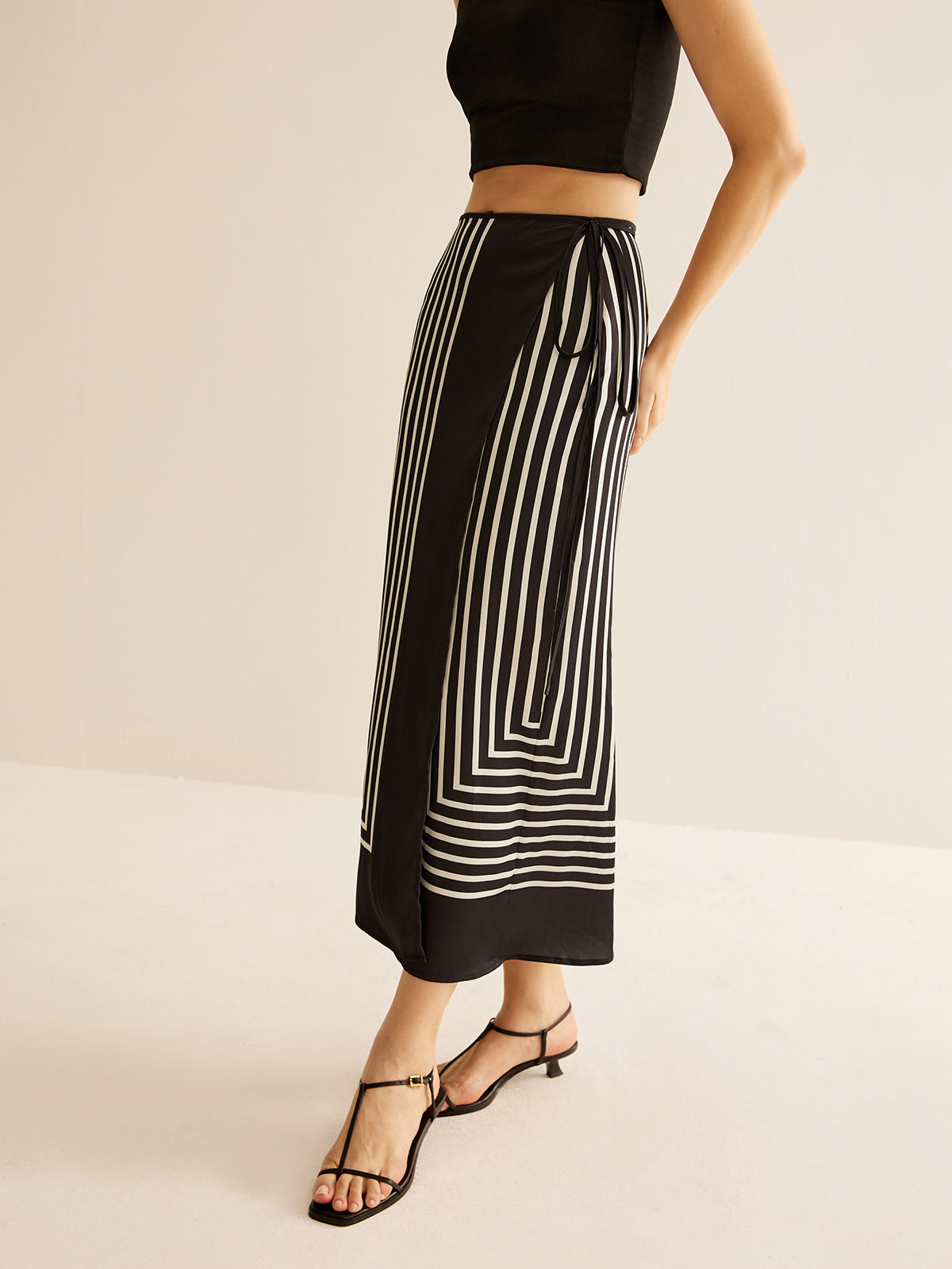 Pinstripe Satin Geometric Wrap Tie Skirt