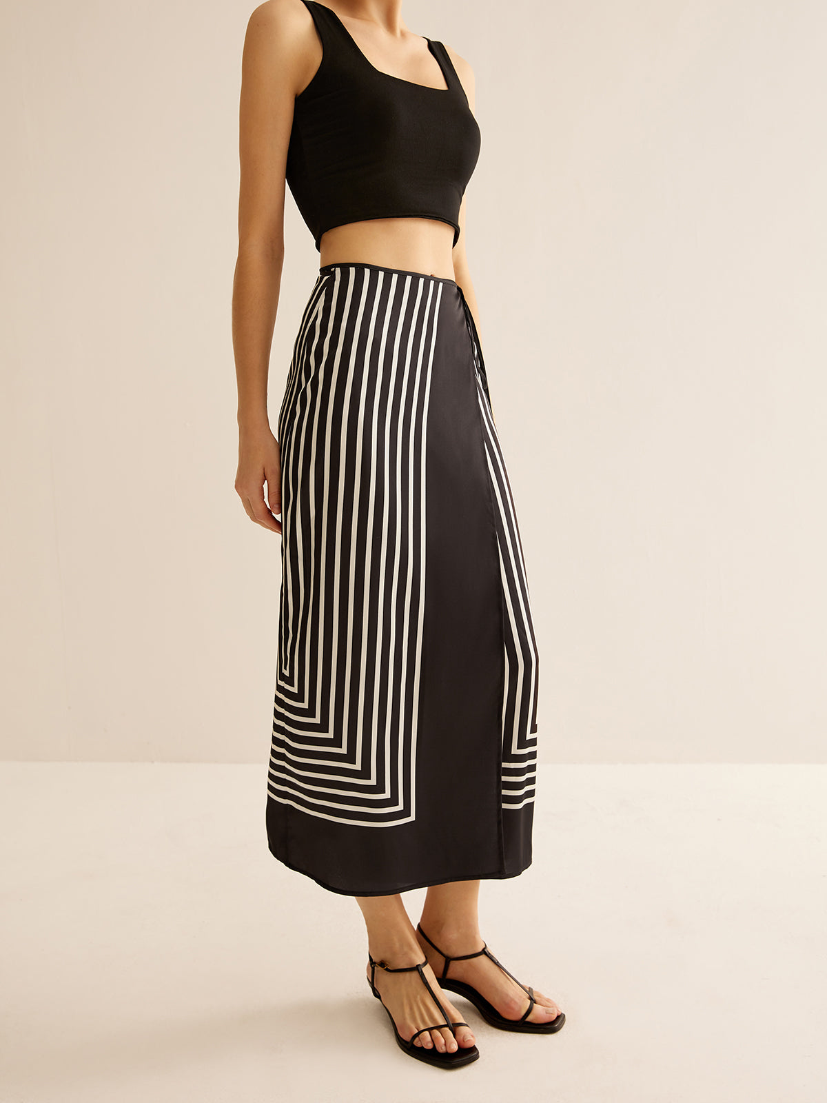 Pinstripe Satin Geometric Wrap Tie Skirt