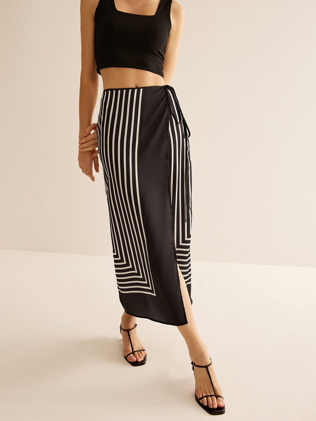 Pinstripe Satin Geometric Wrap Tie Skirt