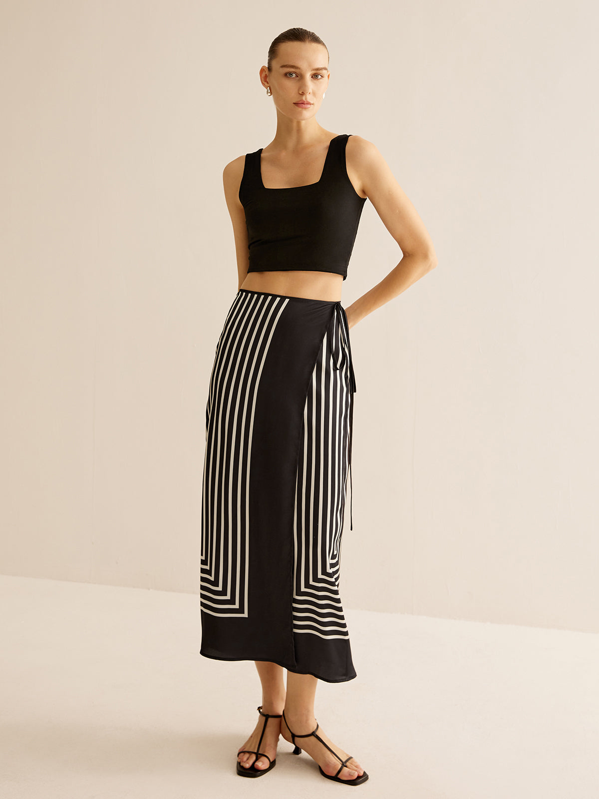 Pinstripe Satin Geometric Wrap Tie Skirt