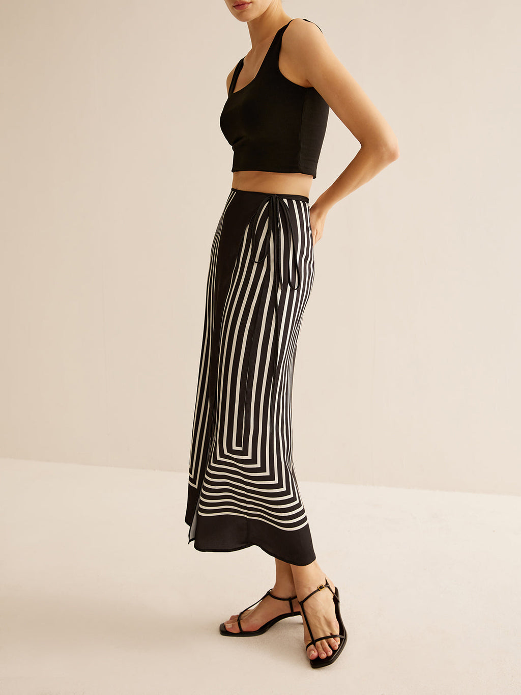 Pinstripe Satin Geometric Wrap Tie Skirt