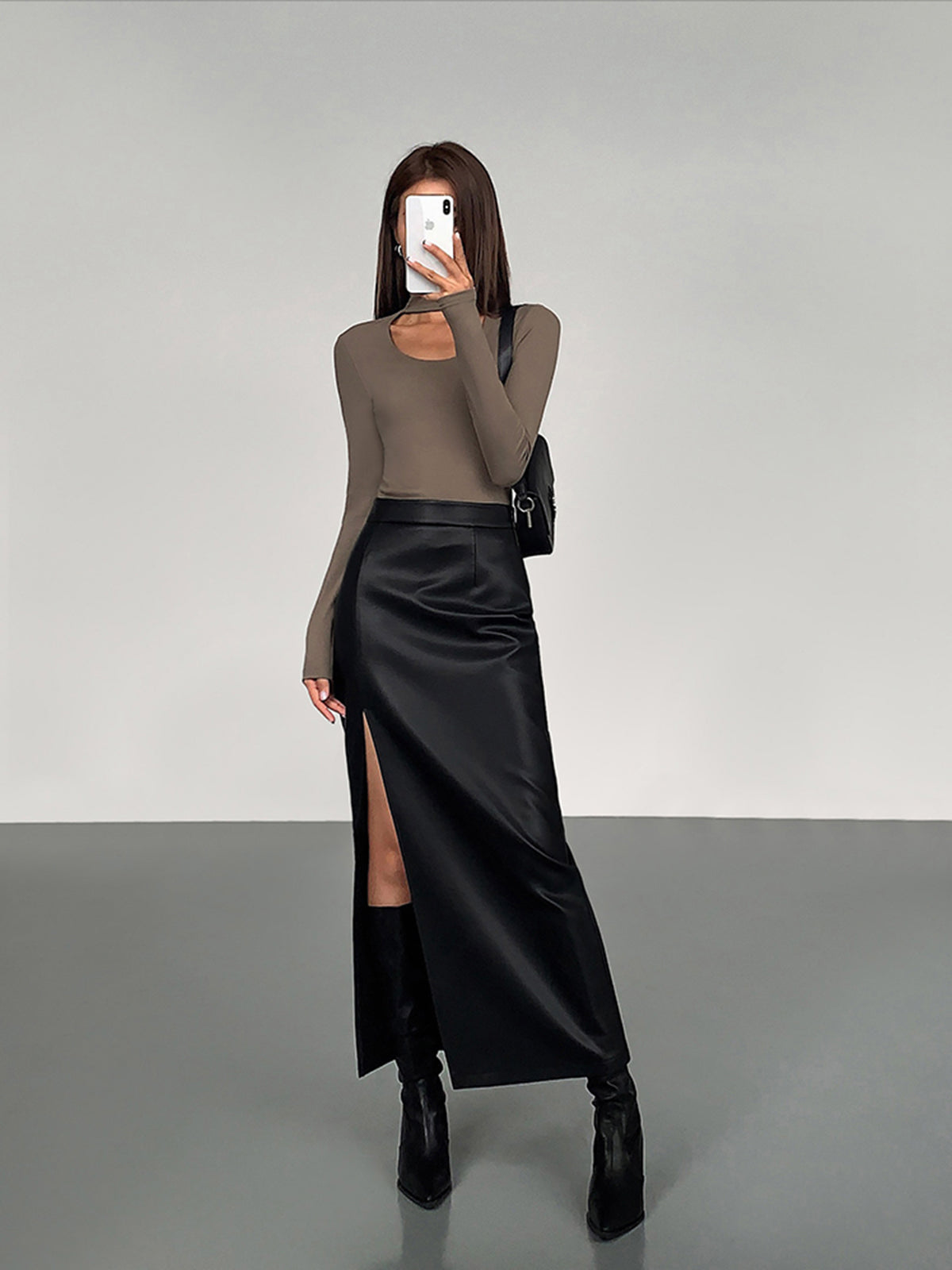 Uptown Split Faux Leather Midi Skirt