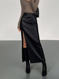 Uptown Split Faux Leather Midi Skirt