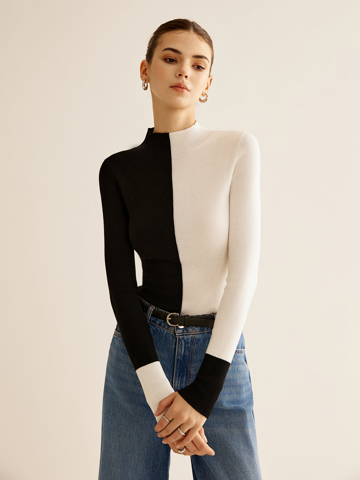 Two-Tone Wool-Blend Skinny Knit Top