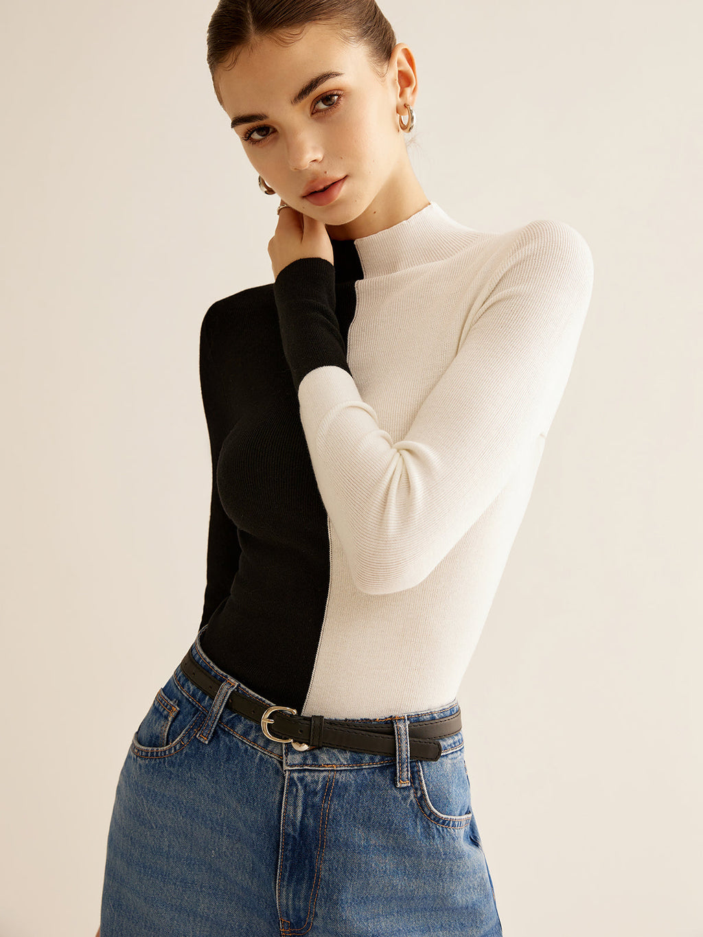 Two-Tone Wool-Blend Skinny Knit Top