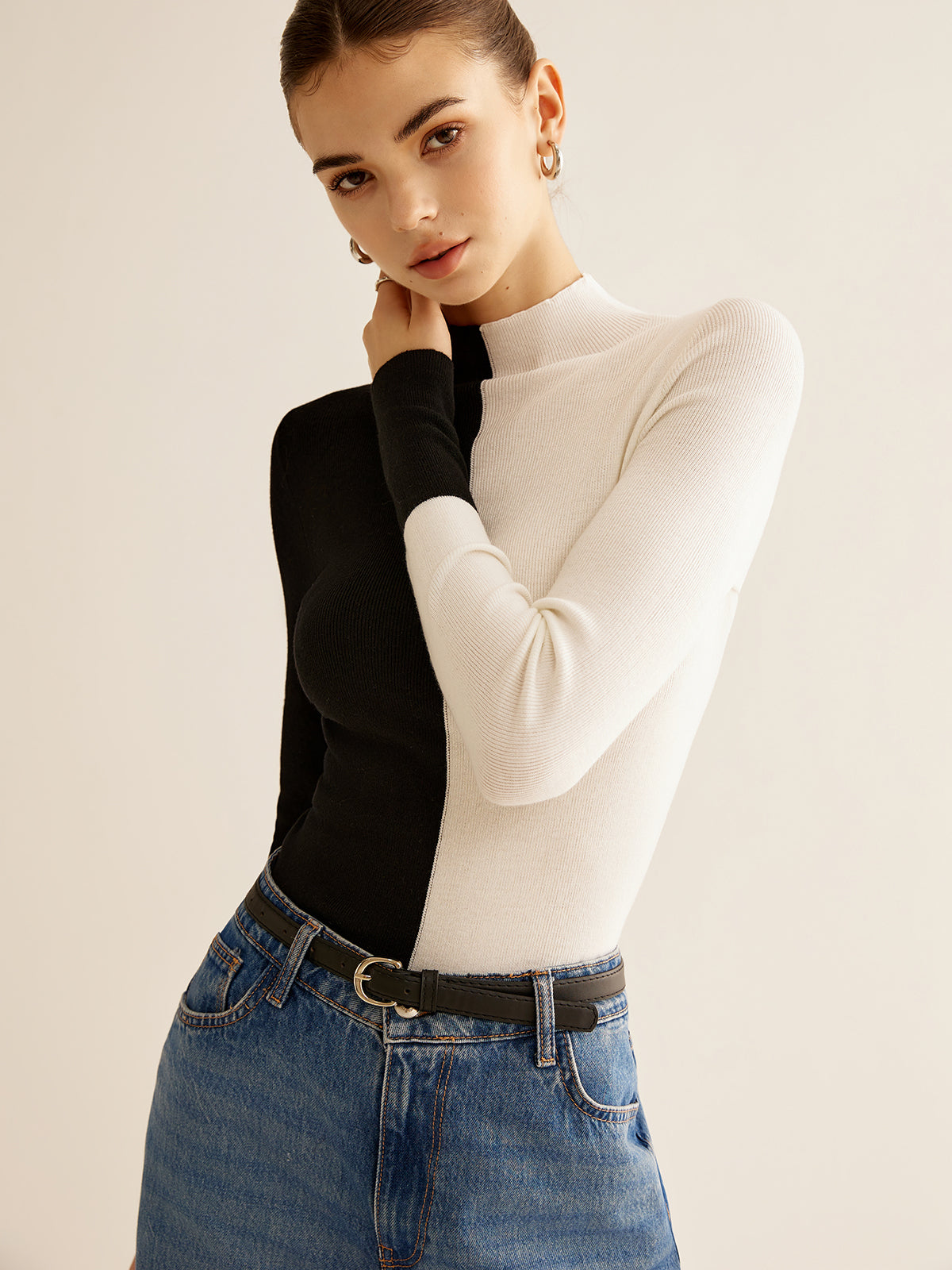 Two-Tone Wool-Blend Skinny Knit Top